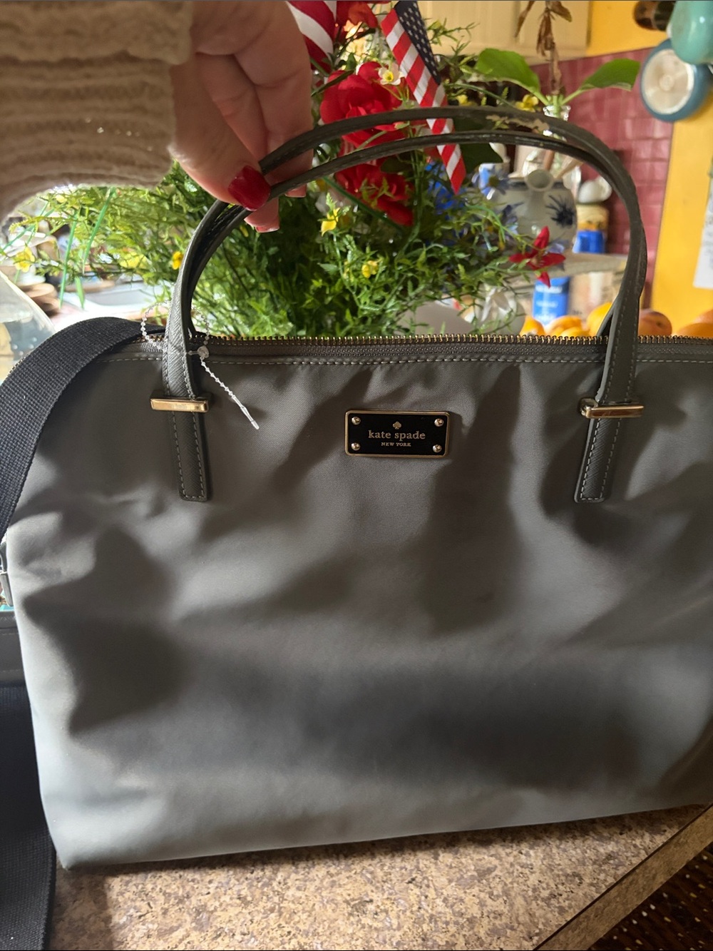 kate spade gray tote with gold hardware